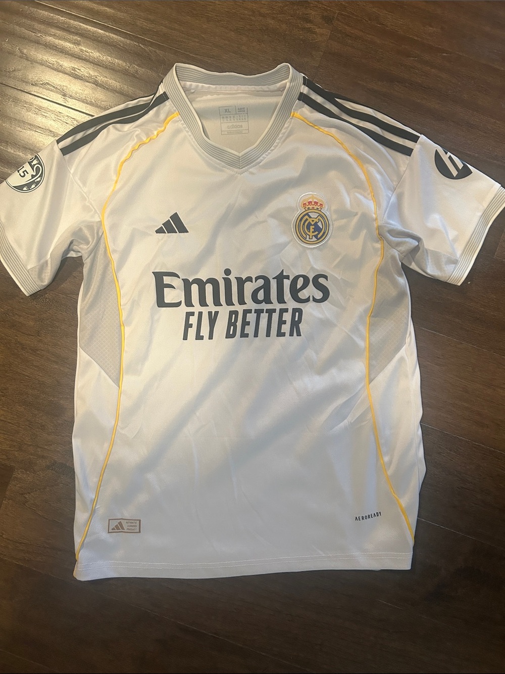 adidas Real Madrid White Jersey with Yellow Piping and Gray Logos